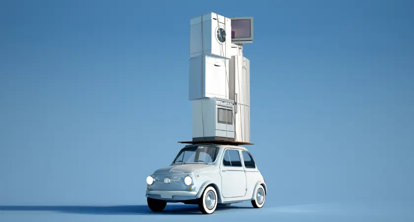 A car with stacked appliances on the roof