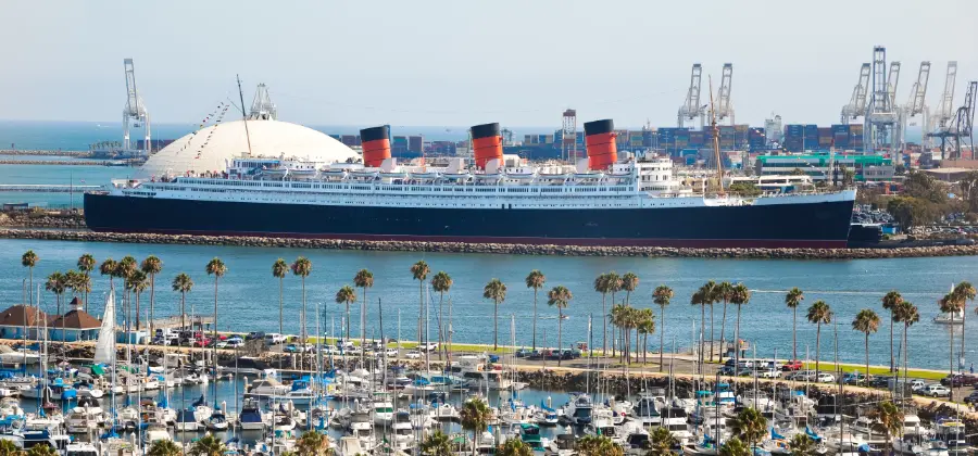 View of the majestic Queen Mary in Long Beach Harbor.
