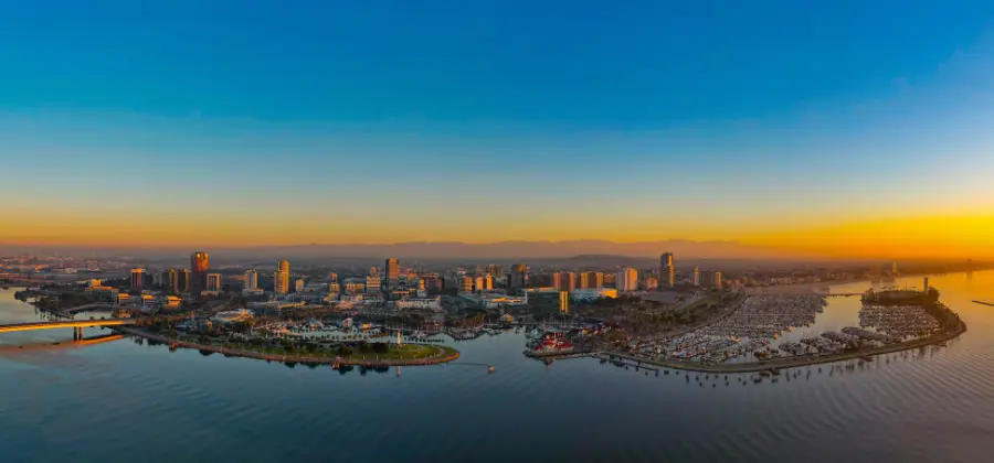 The Long Beach skyline at sunrise.