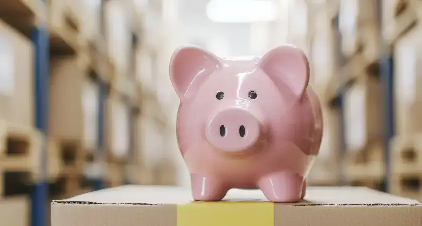 A pink ceramic piggy bank sits on a cardboard box