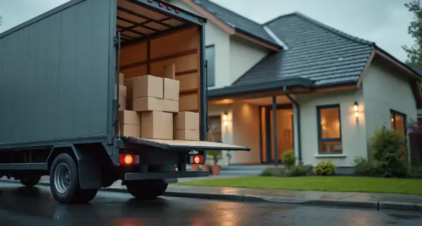 A moving truck on a rainy day
